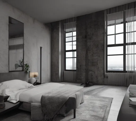 Prompt: brutalist black mansion luxury bedroom interior design minimalist organic, organic architecture furniture open space high quality octane render blender 8 k