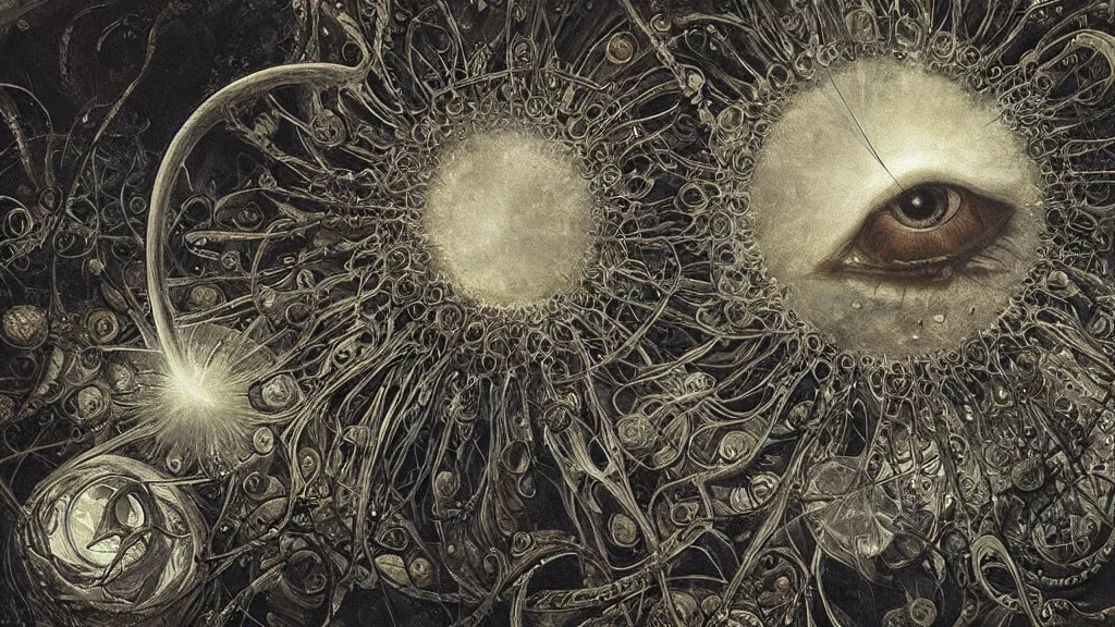 Prompt: a beautiful dreamy painting of a coronavirus inside a television screen, evil eye, dark, sinister, detailed, high contrast, art by Ernst Haeckel and Greg Rutkowski