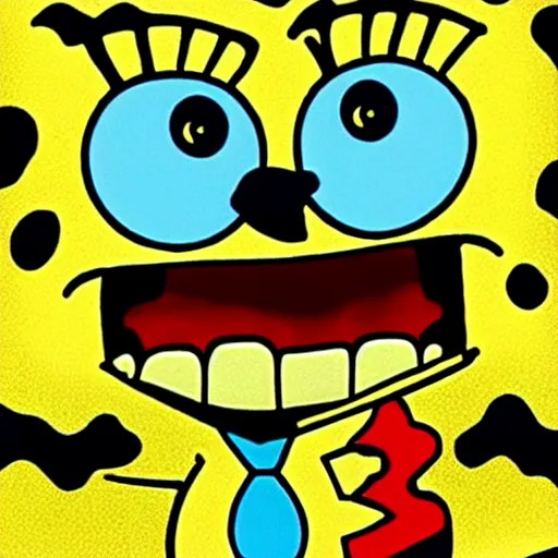 Prompt: spongebob squarepants, evil!!!!!!! sharp teeth, horror, realistic, human like