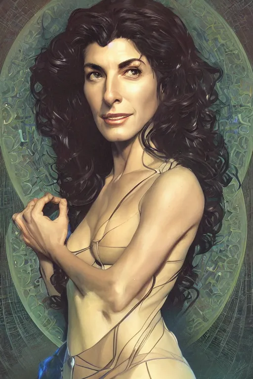 Image similar to claudia black as deanna troi, masterpiece, intricate, elegant, highly detailed, digital painting, artstation, concept art, smooth, sharp focus, illustration, art by artgerm and greg rutkowski and alphonse mucha and uang guangjian and gil elvgren and sachin teng, symmetry!!