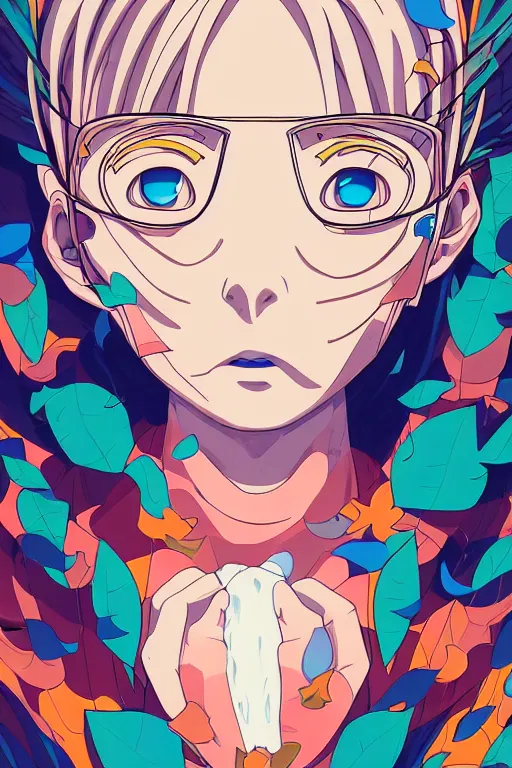 Prompt: abstract portrait, 9 0 s anime art, floating detailes, very detailed face, leaves by miyazaki, colorful palette illustration, kenneth blom, mental alchemy, james jean, pablo amaringo, naudline pierre, contemporary art, hyper detailed