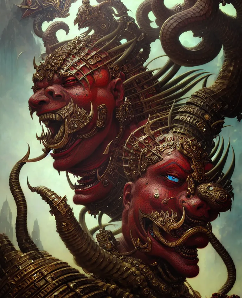 Image similar to beautiful ferocious brutal ravana fantasy character portrait, close - up, headshot, ultra realistic, intricate details, the fifth element artifacts, highly detailed by peter mohrbacher, hajime sorayama, wayne barlowe, boris vallejo, aaron horkey, gaston bussiere, craig mullins