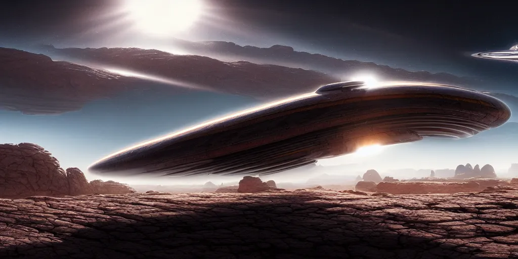 Prompt: giant tubular spaceship flying over rocky desert surface of planet, day, ultra high definition, ultra detailed, symmetry, god rays, sci - fi, dark fantasy, by paul chadeisson and denis villeneuve