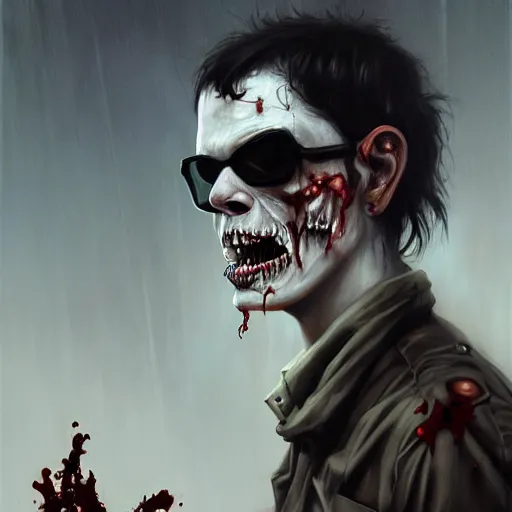 Image similar to young andrew eldritch as a zombie, 7 days to die zombie, gritty background, fine art, award winning, intricate, elegant, sharp focus, cinematic lighting, digital painting, 8 k concept art, art by michael hussar, art by brom, art by guweiz and z. w. gu, 8 k