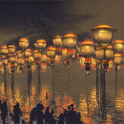 Image similar to concept art, river lanterns on the eve of ullambana festival, high resolution, by james gurney, katsushika hokusai, fujishima takeji, hiroshi yoshida, artstation