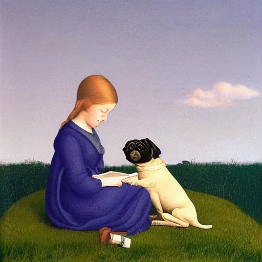 Image similar to a girl and her pug reading a book by Raphael, Hopper, and Rene Magritte. detailed, romantic, enchanting, trending on artstation.