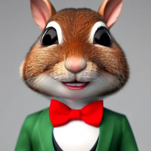 Image similar to a high quality photo of a chipmunk wearing a suit with red bow tie and smiling, render, ultra realistic, cgsociety