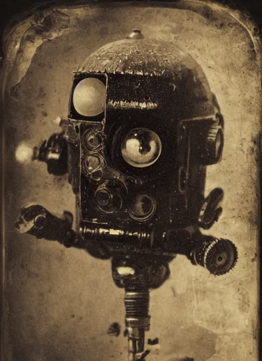 Image similar to old wetplate daguerreotype portrait of futuristic cute little robot, dubbel negative exposure, explosion of data fragments, fractal, intricate, elegant, highly detailed, parallax, leica, medium format, subsurface scattering, by jheronimus bosch and greg rutkowski and louis jacques mande daguerre