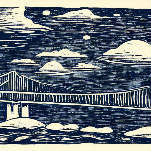 Image similar to small steel suspension bridge built in 1 9 2 8, side view, puffy clouds in background, ufo floating in the sky, woodcut style, rubber stamp, 8 k