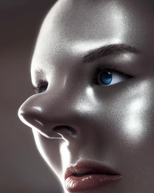 Image similar to soft focus close up portrait of an android with soft synthetic skin, bioluminescent plastics, smooth shiny metal plates, piercings, by annie liebovotz,