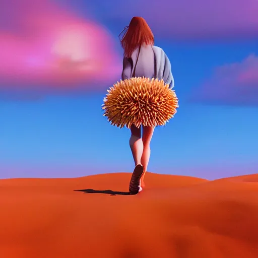 Image similar to portrait, giant dahlia flower head, girl walking between dunes, surreal photography, sunrise, blue sky, dramatic light, impressionist painting, digital painting, artstation, simon stalenhag