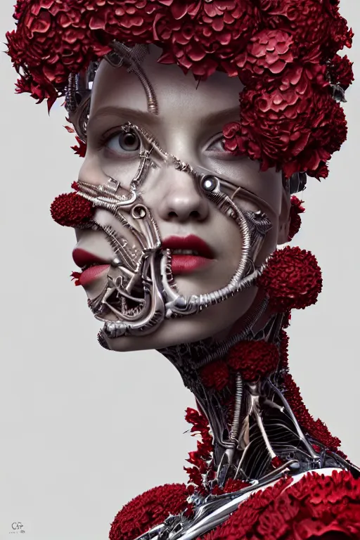 Image similar to complex 3 d render hyper detailed ultrasharp biomechanical female cyborg portrait with a beautiful porcelain profile face, mandelbrot fractal, elegant crown with huge white hydrangea flowers foliage leaves stems roots, red lips, alexander mcqueen haute couture, art nouveau fashion, octane render, 8 k