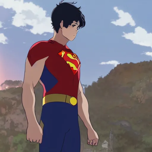 Prompt: Jon Kent superboy standing triumphantly. Anime still. Makoto shinkai. Kuvshinov ilya.