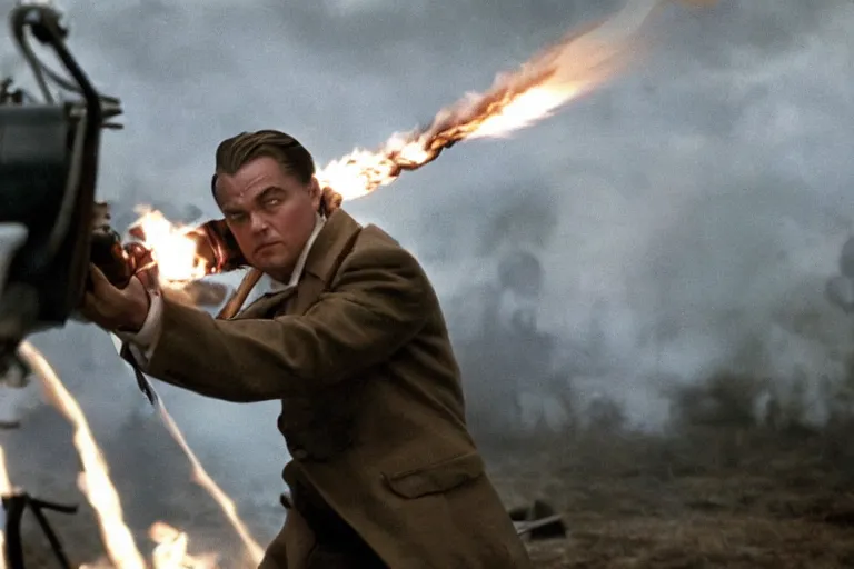 Prompt: leonardo dicaprio using a flamethrower on the nazis, movie still, cinematic, lens flare, directed by quentin tarantino