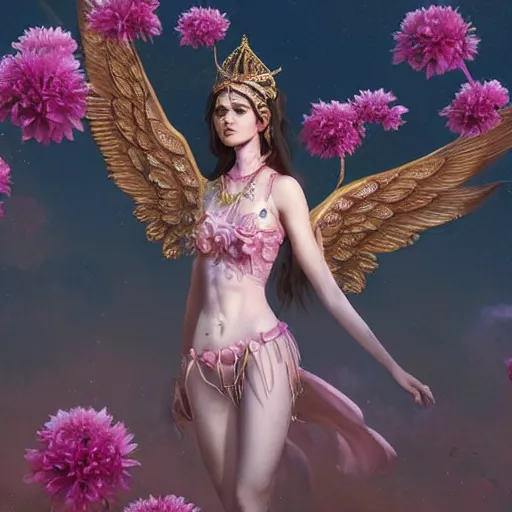 Image similar to alexandra daddario expressive full body photo, of beautiful angel, smooth glowing skin, ornate headpiece made from pink flowers, glamour shot, by yoshitaka amano, by greg rutkowski, by jeremyg lipkinng, by artgerm, digital art, octane render