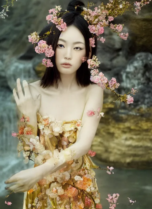 Image similar to Kodak Portra 400, 8K, soft light, volumetric lighting, highly detailed, Rena Nounen style 3/4 ,portrait photo of a Japanese ravishing Goddess by WLOP, the face emerges from a lava flowing gold travertine terraces with lotus flowers, inspired by Ophelia paint , a beautiful chic dress and hair are intricate with highly detailed realistic beautiful flowers , Realistic, Refined, Highly Detailed, ethereal lighting colors scheme, outdoor fine art photography, Hyper realistic, photo realistic