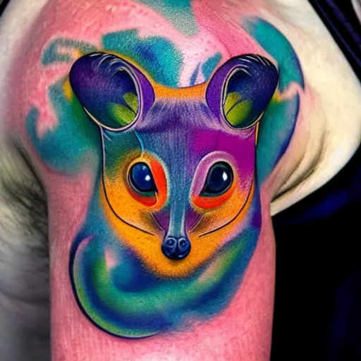 Image similar to shoulder tattoo of a multicolored psychedelic cute galago, eyes are colorful spirals, surrounded with colorful sparkeling flowers and irisdescent marihuana leaves, insanely integrate