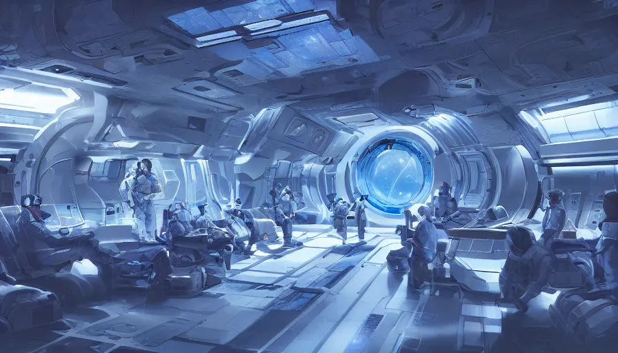 Image similar to human space station with blue lights, grey structures, indoor garden with people working on it, large windows with views of the space, hyperdetailed, artstation, cgsociety, 8 k