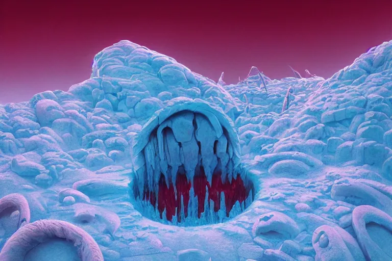 Prompt: a hd render of a surreal frozen landscape, cinematic lighting, by beeple and zdzisław beksinski, hovering red skull spilling blood