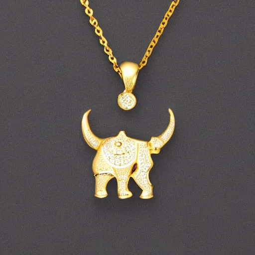 Prompt: a gold necklace with a diamond pendant shaped like a rhino