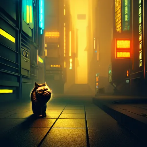 Image similar to professional photo of robot cat, cyberpunk background, blade runner, hyperrealistic masterpiece, trending on artstation, cgsociety, kodakchrome, golden ratio, cinematic, composition, beautiful lighting, hyper detailed, sharp focus, octane render, 4 k, unreal engine