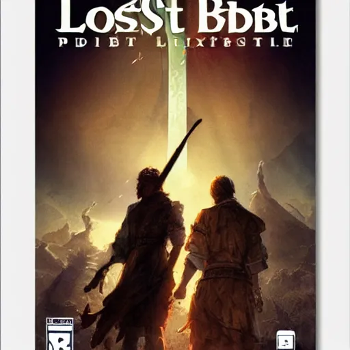 Image similar to The lost Bible, game poster printed on playstation 2 video game box , Artwork by Akihiko Yoshida, cinematic composition