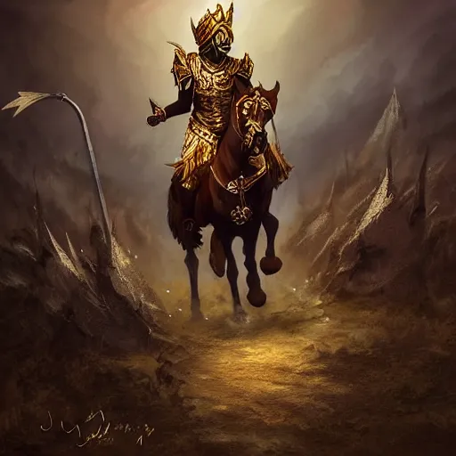 Prompt: a young black boy dressed like an african moorish warrior in gold armor and a crown with a ruby, charging through a dragons lair, skyrim character digital illustration portrait design, by adi granov, dramatic lighting, wide angle dynamic action shot