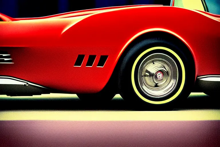 Image similar to stylized poster of a single 1 9 6 8 corvette, thick neon lights, ektachrome photograph, volumetric lighting, f 8 aperture, cinematic eastman 5 3 8 4 film