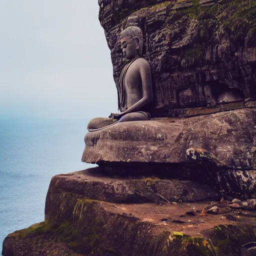 Prompt: huge stone buddha statue on a cliff, rule of thirds, 8 k, moody, water, intense color, highly detailed, dream landscape, wide, cinematic, hyperrealistic, stone, old ruins,