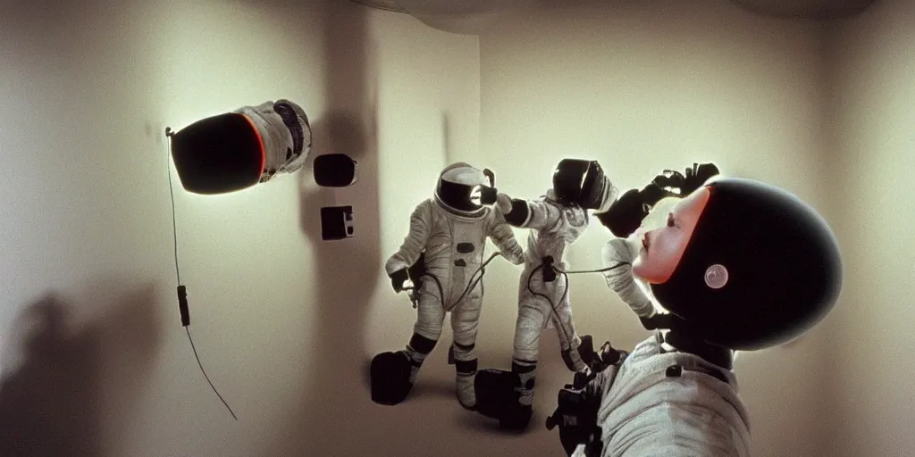 Prompt: 2001 space odyssey in a corner of the room, Jeremy Geddes, trending on artstation, 8k