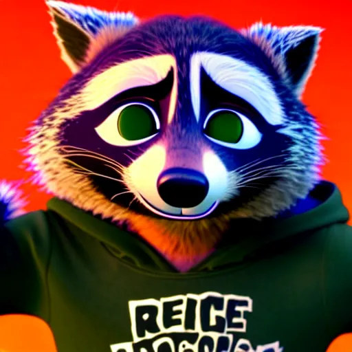 Image similar to a stoner with a black hoodie on with a marijuana themed dark green raccoon head from zootopia, 3 d, blender 3 d, render, extremely detailed, 8 k, has red eyes and a relaxed expression