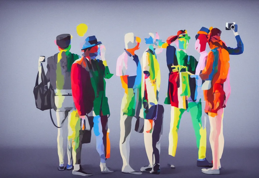 Image similar to full body portrait of a trio of european tourists with nikon cameras, rear views, character designs painting, in the style of wes anderson, rene magritte, lola dupre, david hockney, isolated on white background, dark monochrome neon spraypaint accents volumetric octane render