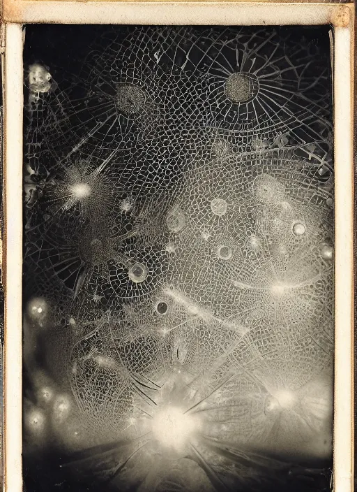 Image similar to old wetplate daguerreotype invention of the universe, explosion of data fragments, fractal, intricate, elegant, highly detailed, parallax, leica, medium format, subsurface scattering, by paul delvaux