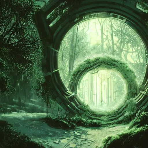 Image similar to frozen derelict portal in a middle of a snowy lush futuristic forest, green lush world seen only through a portal, daylight, cinematic lighting, blue sky, syd mead, john harris