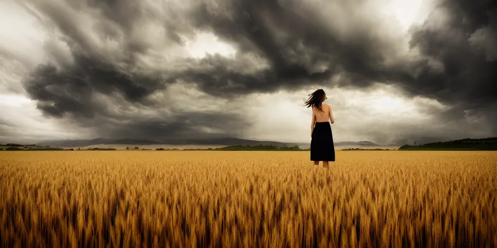 Prompt: girl is standing in a wheat field with heavy black clouds and a thunder in the background, photo by Ted Gore,