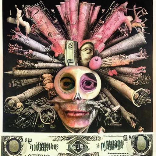 Image similar to post - punk new age album cover, asymmetrical design, dollar bank notes, capitalism, magic, apocalypse, psychedelic, black white pink, magic, giger h. r., giuseppe arcimboldo