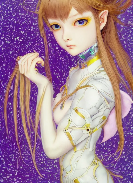 Image similar to elf girl, cat suit, soft hair. light color palate, purple, yellow and white. detailed soft painting, ayami kojima, made in abyss, anatomically correct, ilya kuvshinov, inspired in balthus, high detailed face anime, vogue magazine, glorious composition, mobile wallpaper