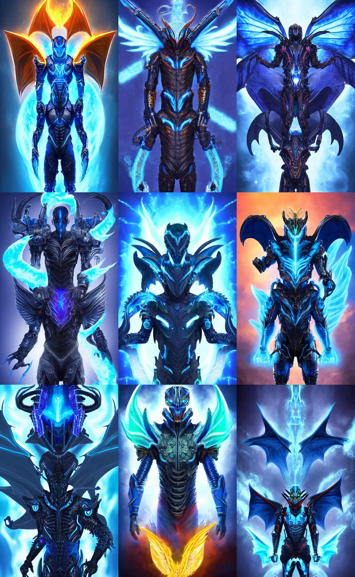 Prompt: young male cyborg with a dragon - inspired suit, dragon head, dragon wings, dragon tail, wielding a blue flame, digital art, alien, rich iridescent colors, d & d, very detailed, symmetrical, 8 k hd, trading card fond, futuristic