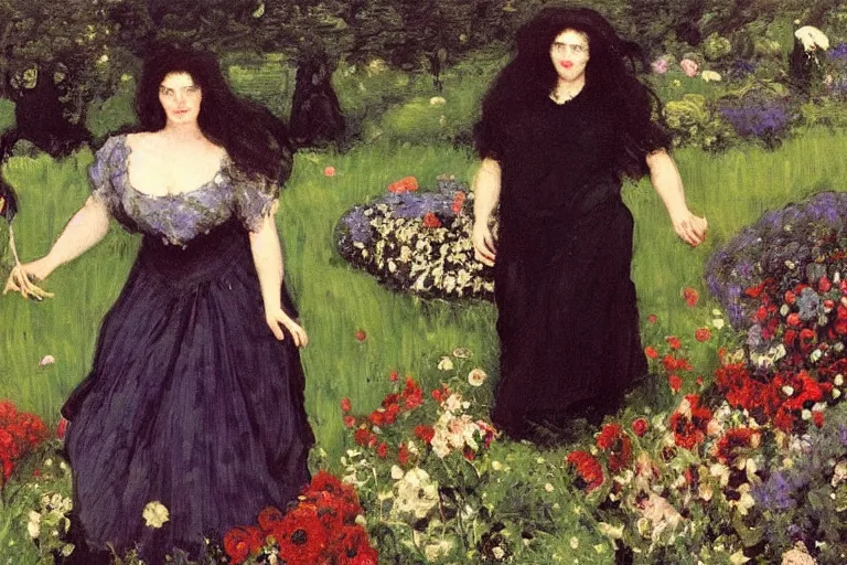 Image similar to hagrid and morticia addams frolicking in a field of various flowers, fairy garden, masterpiece, highly detailed, oil on canvas, art by walter sickert, john singer sargent, and william open