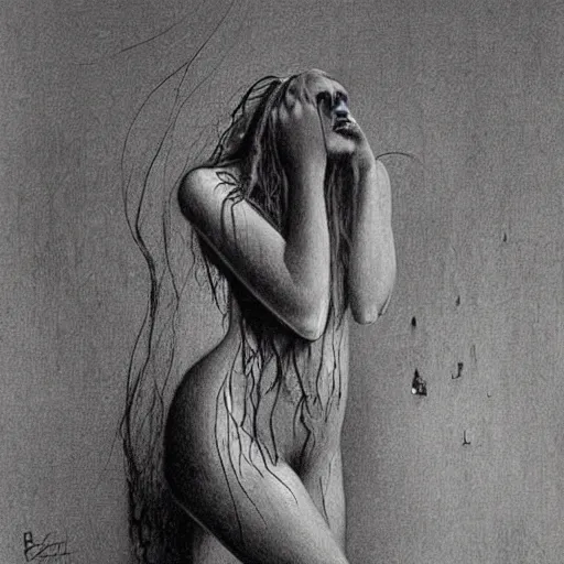 Prompt: grunge drawing of a melting girl by - Zdzisław Beksiński, detailed, elegant, intricate, horror themed