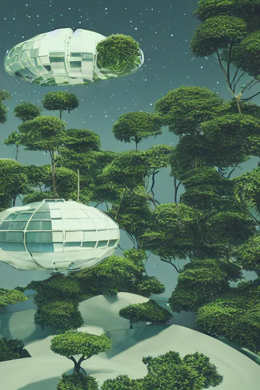 Image similar to multi level botanical garden spaceship floating in space, calm, tranquil, faded effect, detailed, vaporwave colors, render by substance designer