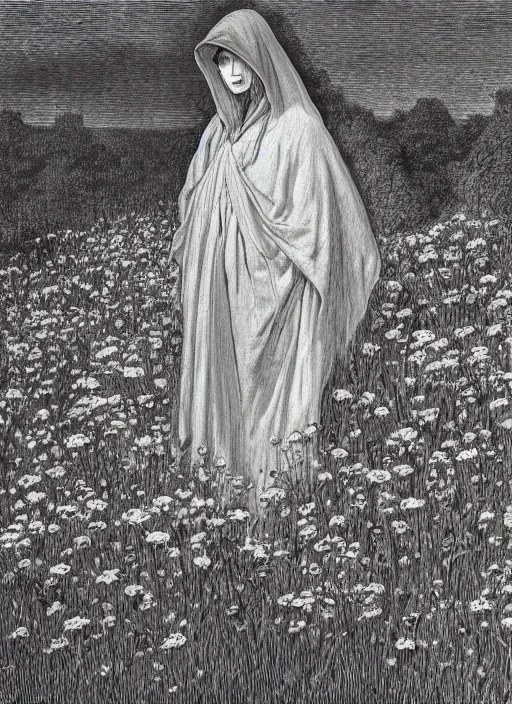 Image similar to portrait of faceless grim reaper with veil over face at distance in beautiful meadow of flowers, detailed pencil illustration by gustave dore, highly detailed, centered, high resolution, smooth, sharp focus, illustration