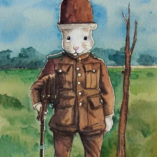 Image similar to a watercolour painting of a rabbit dressed as a ww1 soldier, standing in a muddy field with dead trees in the background