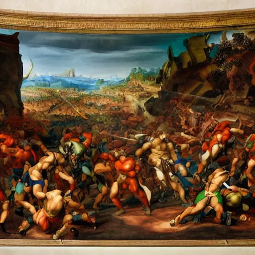 Prompt: a huge battle scene set in future painted by michaelangelo