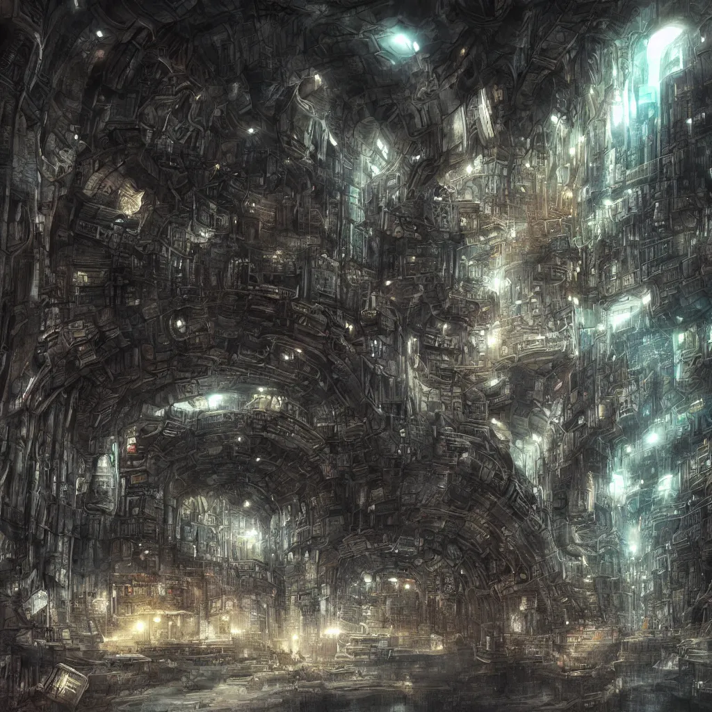 Prompt: The great underground city, sci-fi, digital art