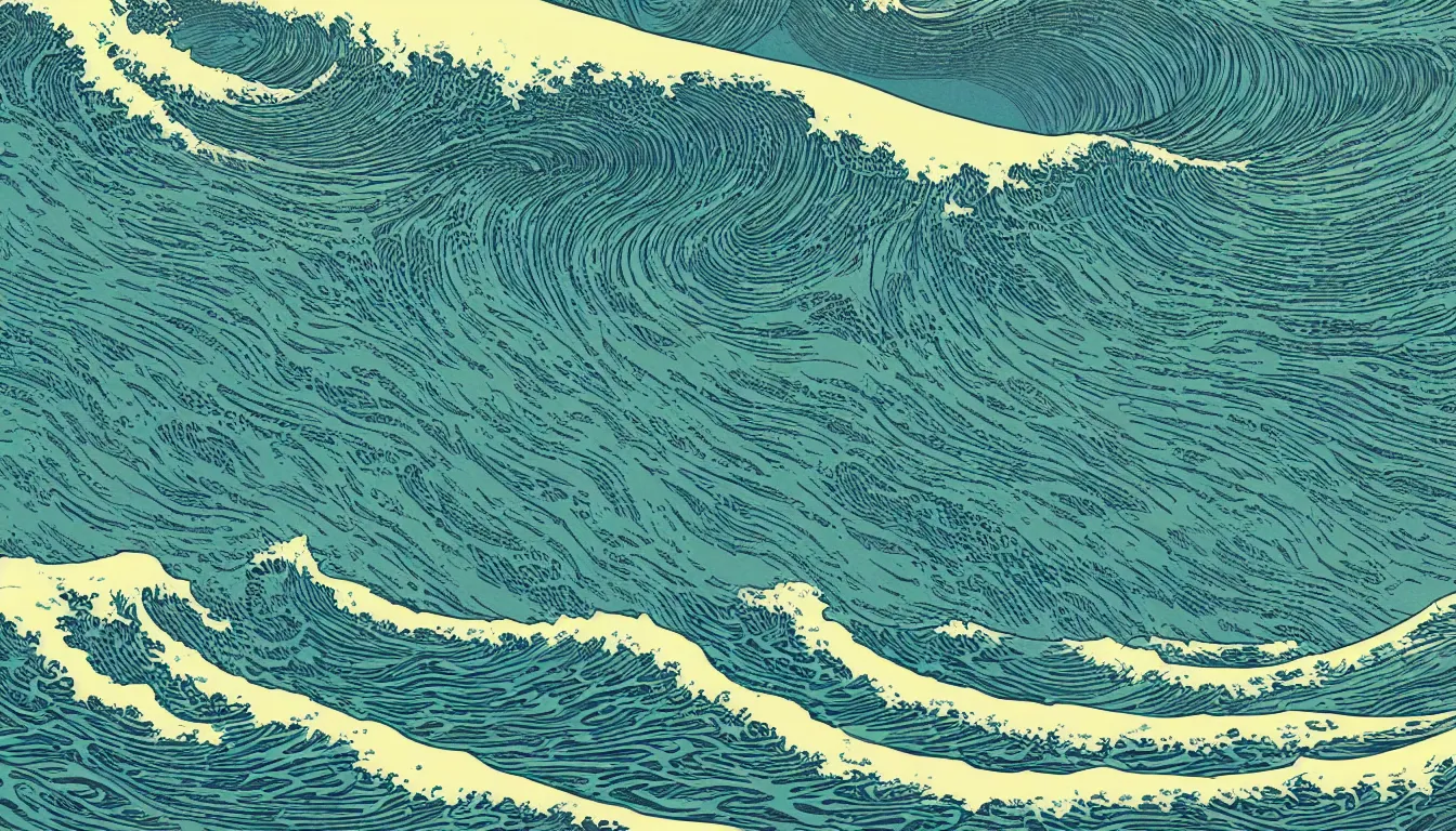 Image similar to ocean wave, land in sight by Kilian Eng, minimalist, detailed, woodblock print