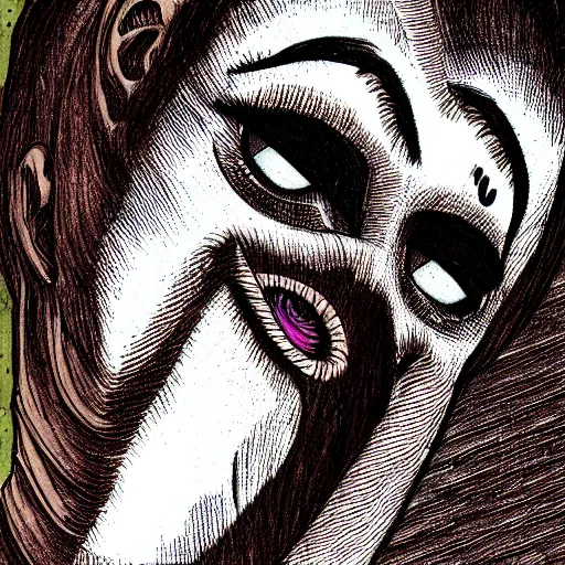 Image similar to a dark brown humanoid, hyper detailed, in the style of junji ito and and junji ito and junji ito, selfie