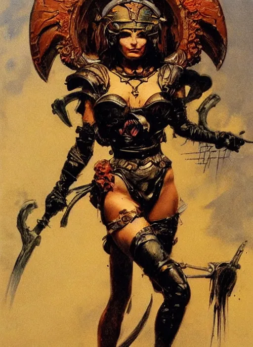 Prompt: portrait of european female chaos angel, beautiful! coherent! by frank frazetta, by brom, strong line, deep color, copper armor, iron helm, high contrast, maximalist