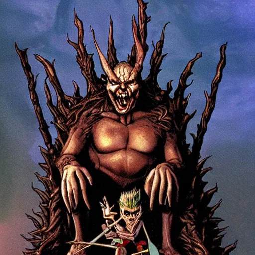 Prompt: goblin king, sitting on a throne, surrounded by his minion, dark fantasy, in the style of ted nasmith