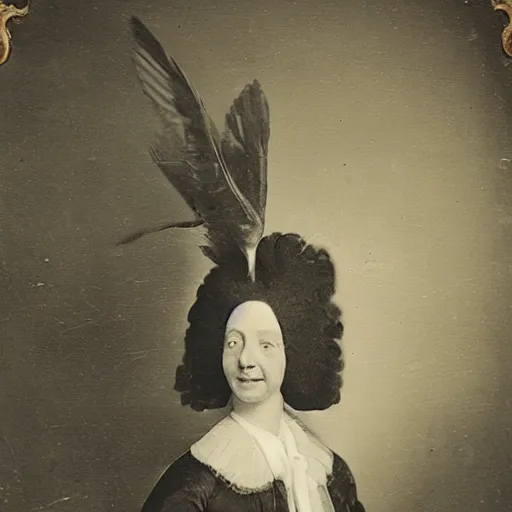 Prompt: A woman with a bird head, 18th century photograph